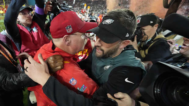 Andy Reid and Nick Sirianni embrace after the Chiefs beat the Eagles, 38-35, in Super Bowl LVII
